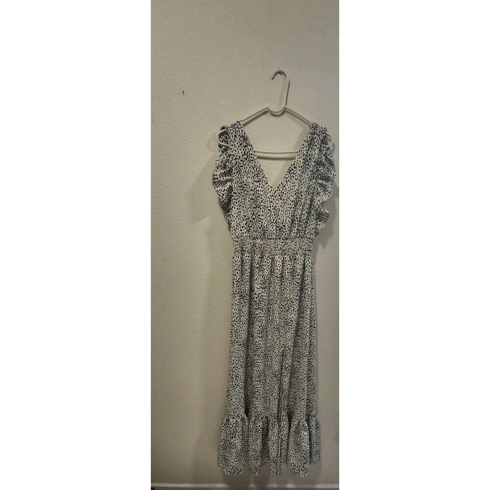 Express Women's V-neck Ruffled Trim High Slit Maxi Dress Black/White Classy Sz M